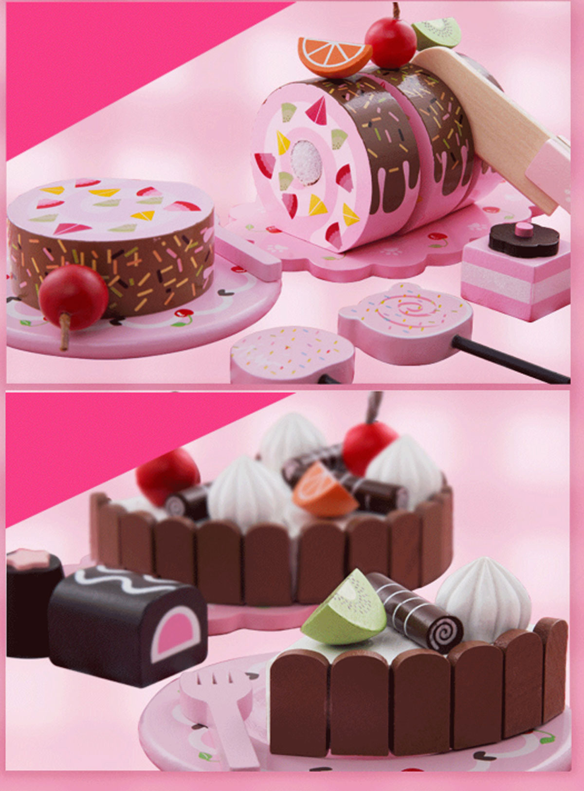 Kid Gift Wooden Pretend Play Toy Cherry Bear Chocolate Dessert Party Set Tea Cup