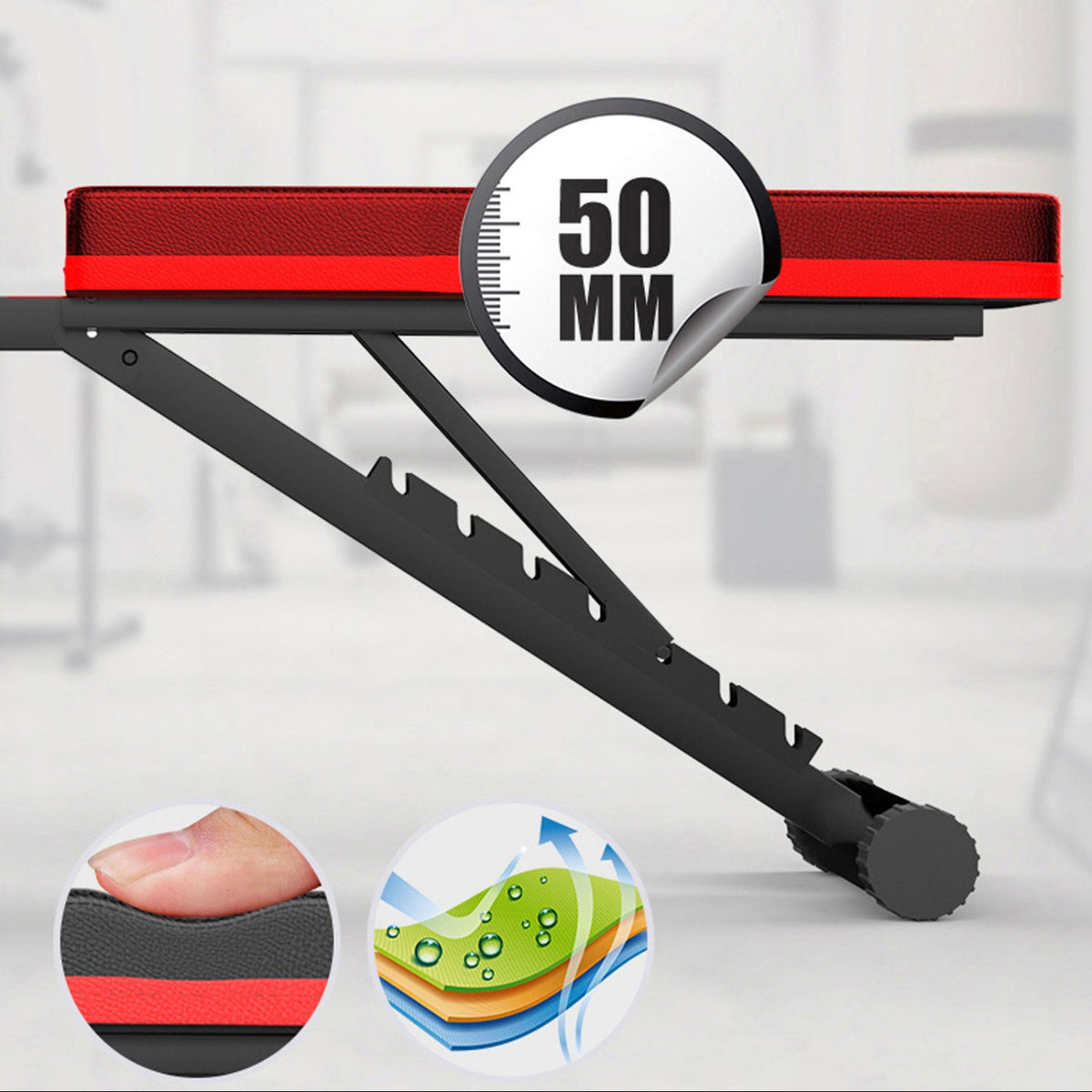 Black and red measuring tool with a 50 mm scale, showing close-up details on a blurred background.