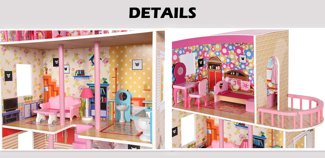 Large Wooden Girls Doll House 3 Level Kids Pretend Play Toys Furniture ...