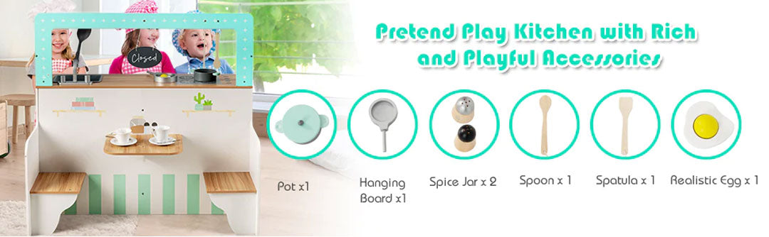 2-in-1 Kids Kitchen Double Sided Cooking Toys Wooden Pretend Play Set Restaurant Playset Gift