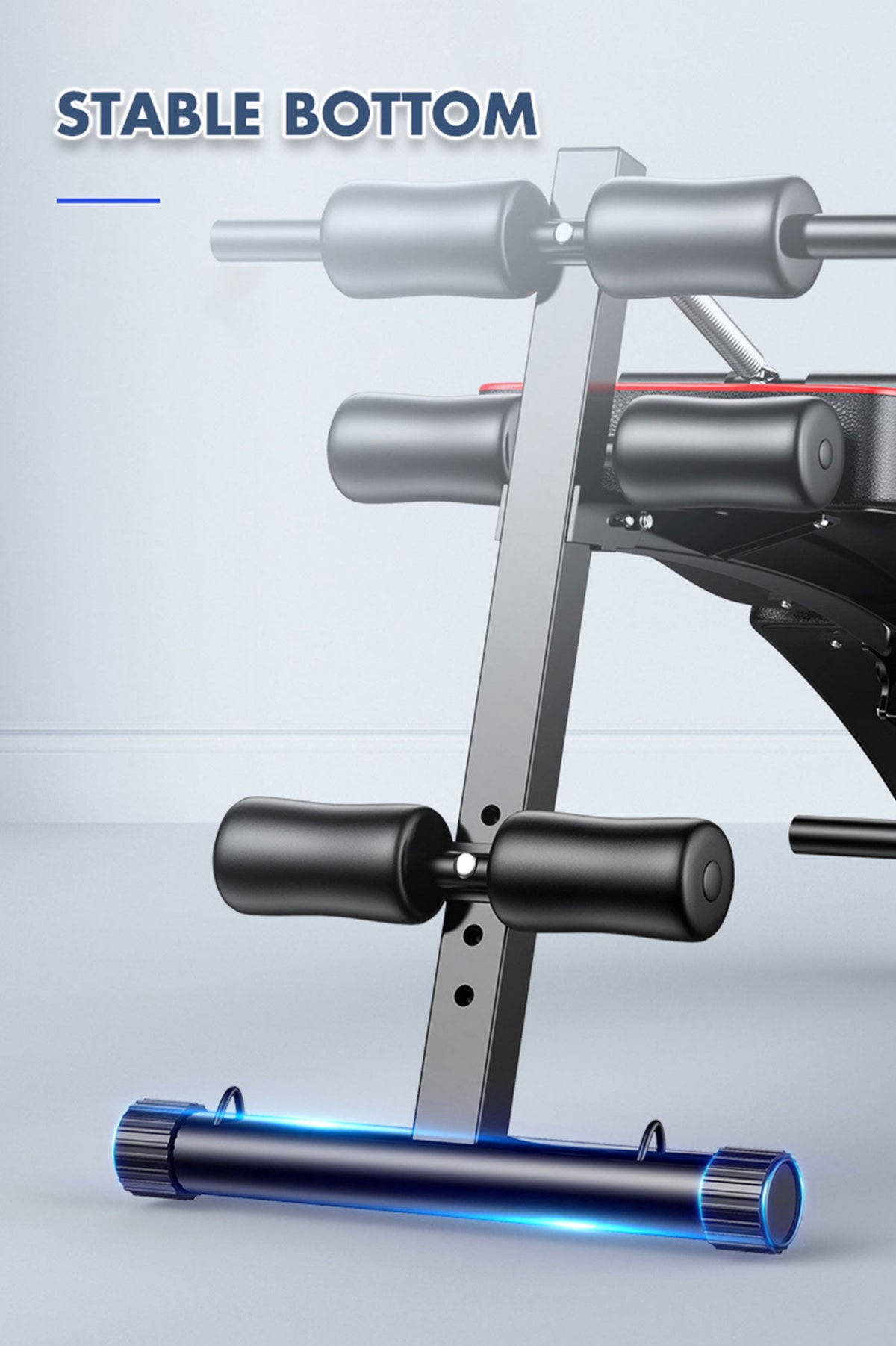 Close-up of a gym bench with 'Stable Bottom' text on a light gray background