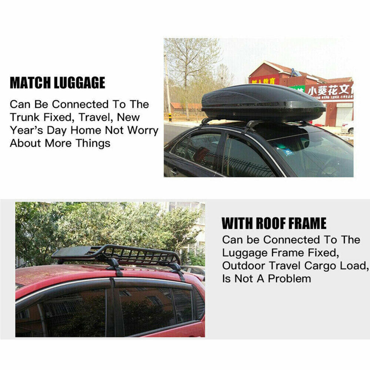 Car roof box system with text on a white background