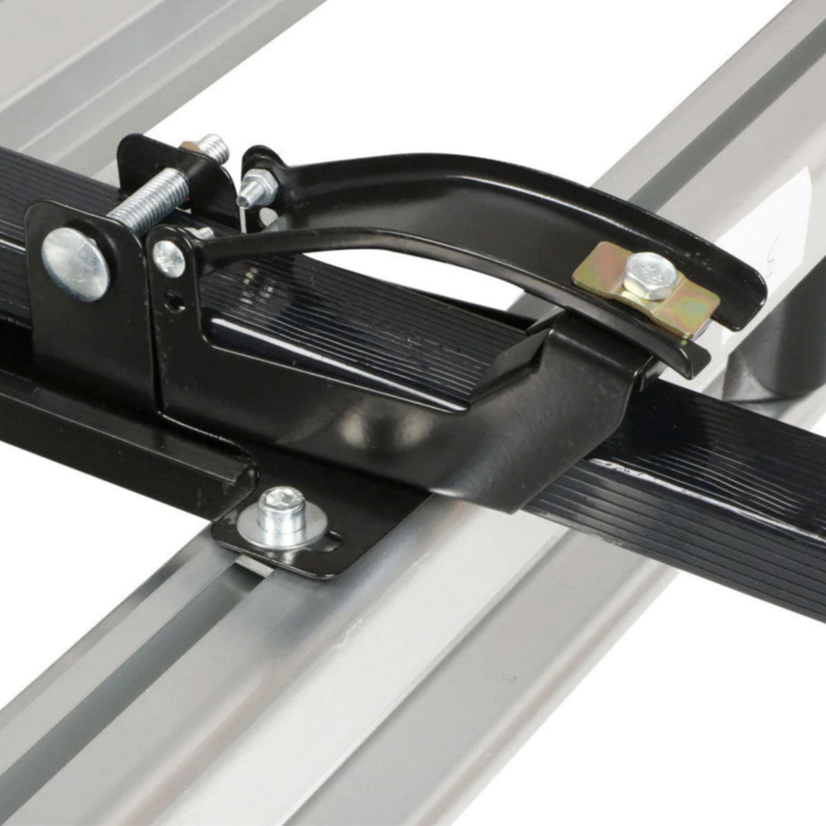 Close-up of a metal bracket with bolts on a white background
