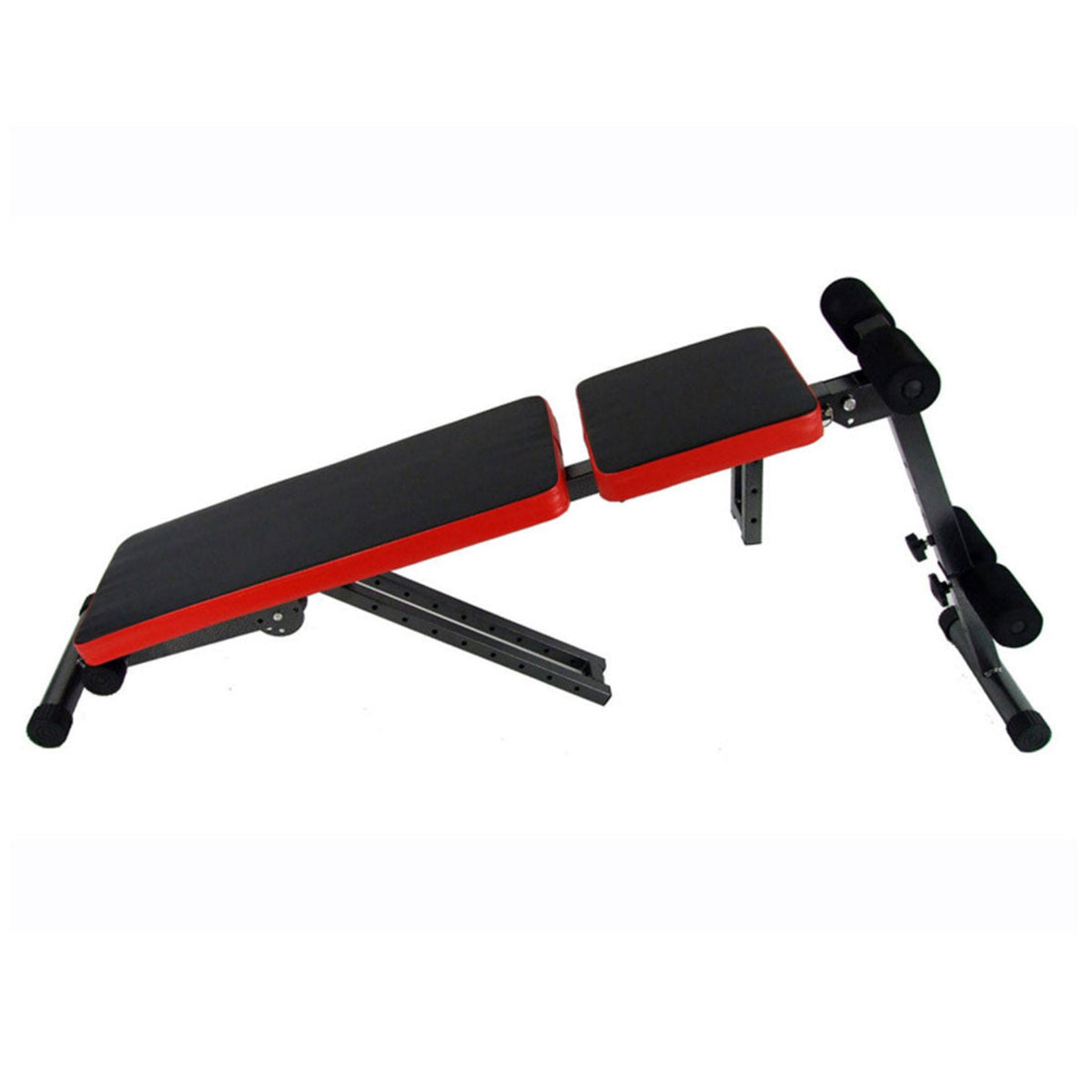 Black and red adjustable weight bench on a white background