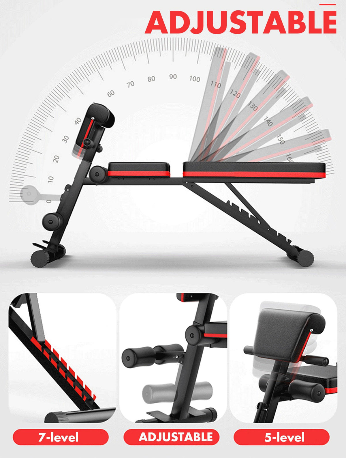 Adjustable workout bench with multiple angles shown on a white background