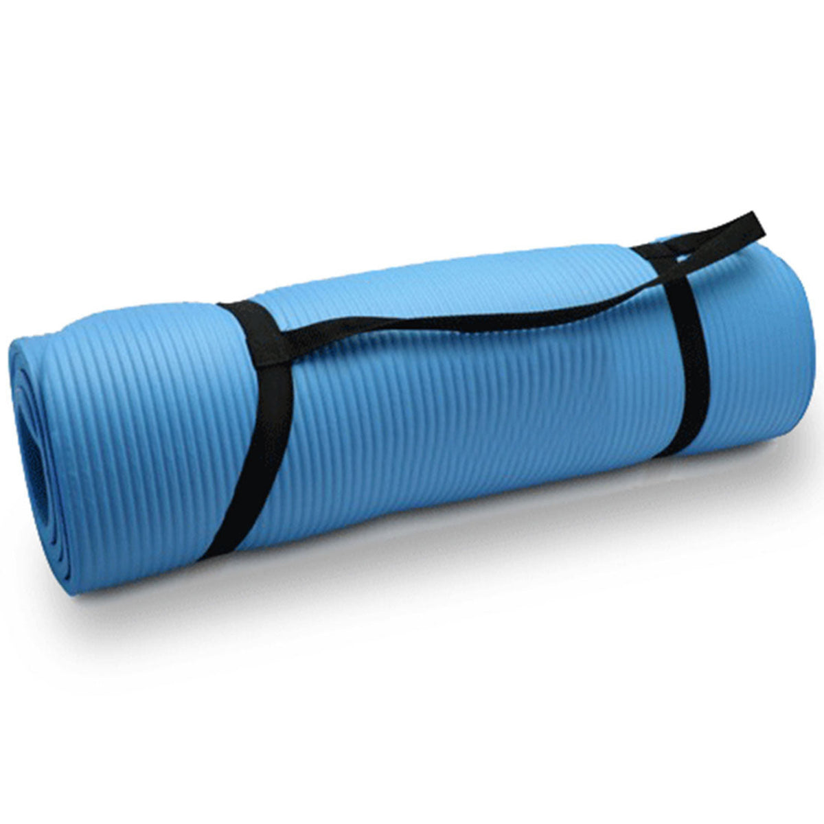 Blue yoga mat with black straps on a white background