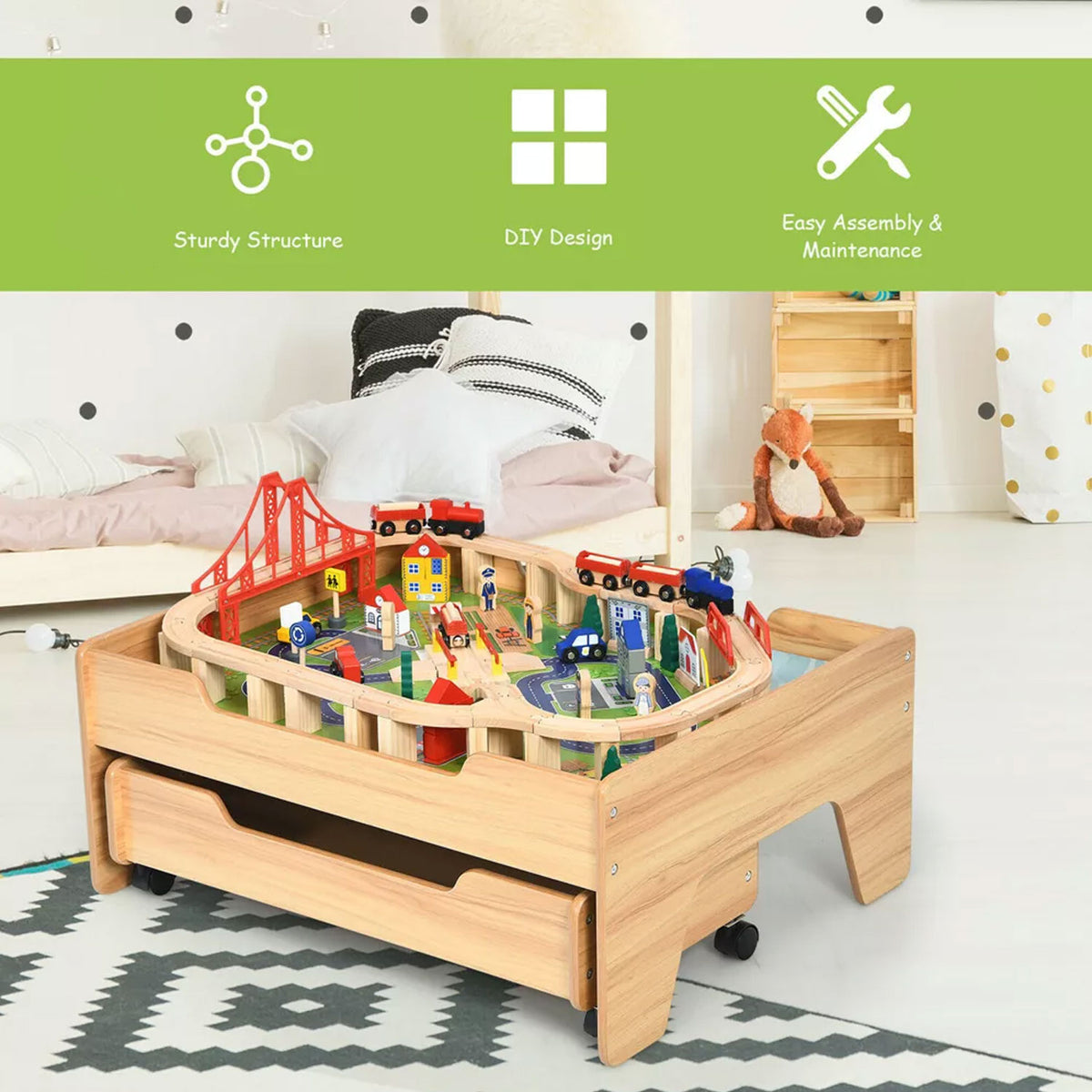 Wooden Railway Train Table Children Pretend Play Set Toy Kids Toddlers Thomas Drawer
