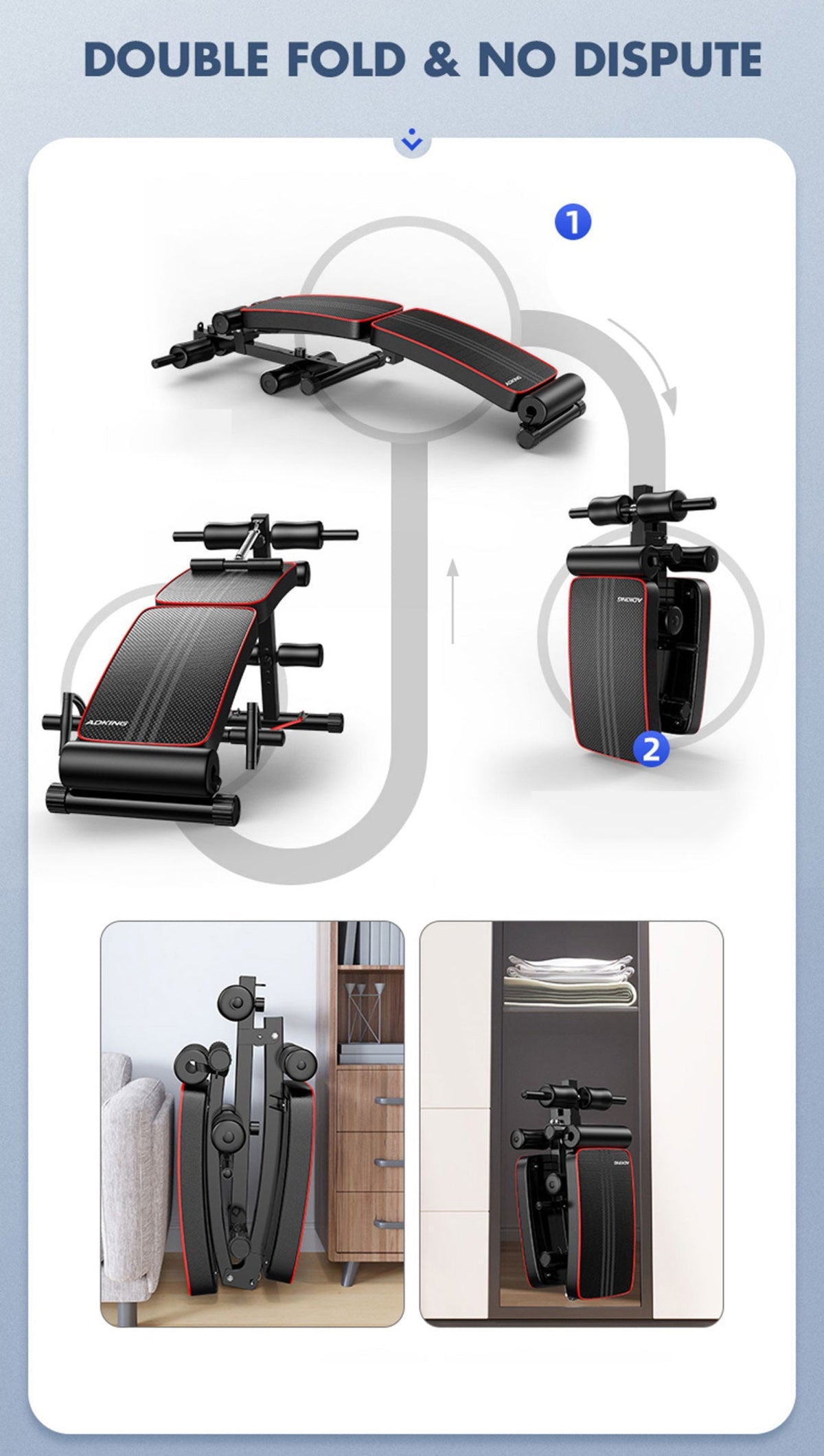Multifunctional fitness equipment with folding mechanism shown in a diagram and on a bed.