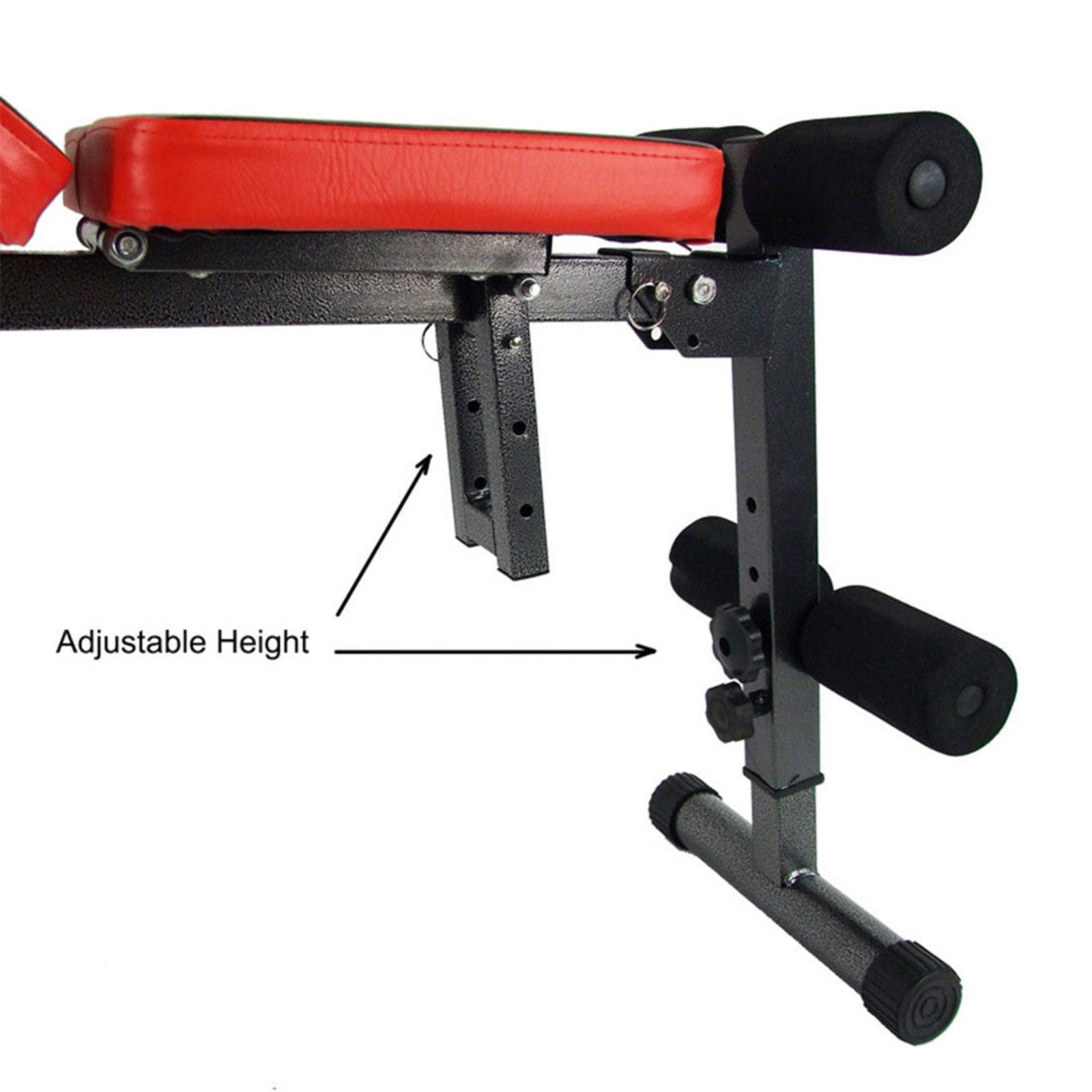 Red and black adjustable weight bench on a white background