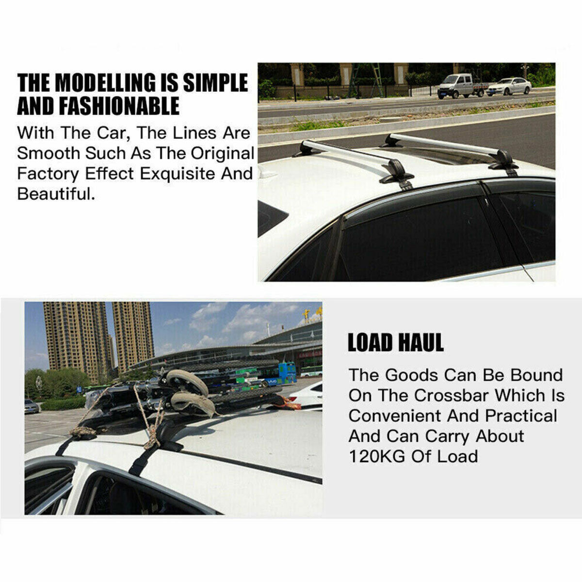 Car with roof rack system on a road with text describing its features.
