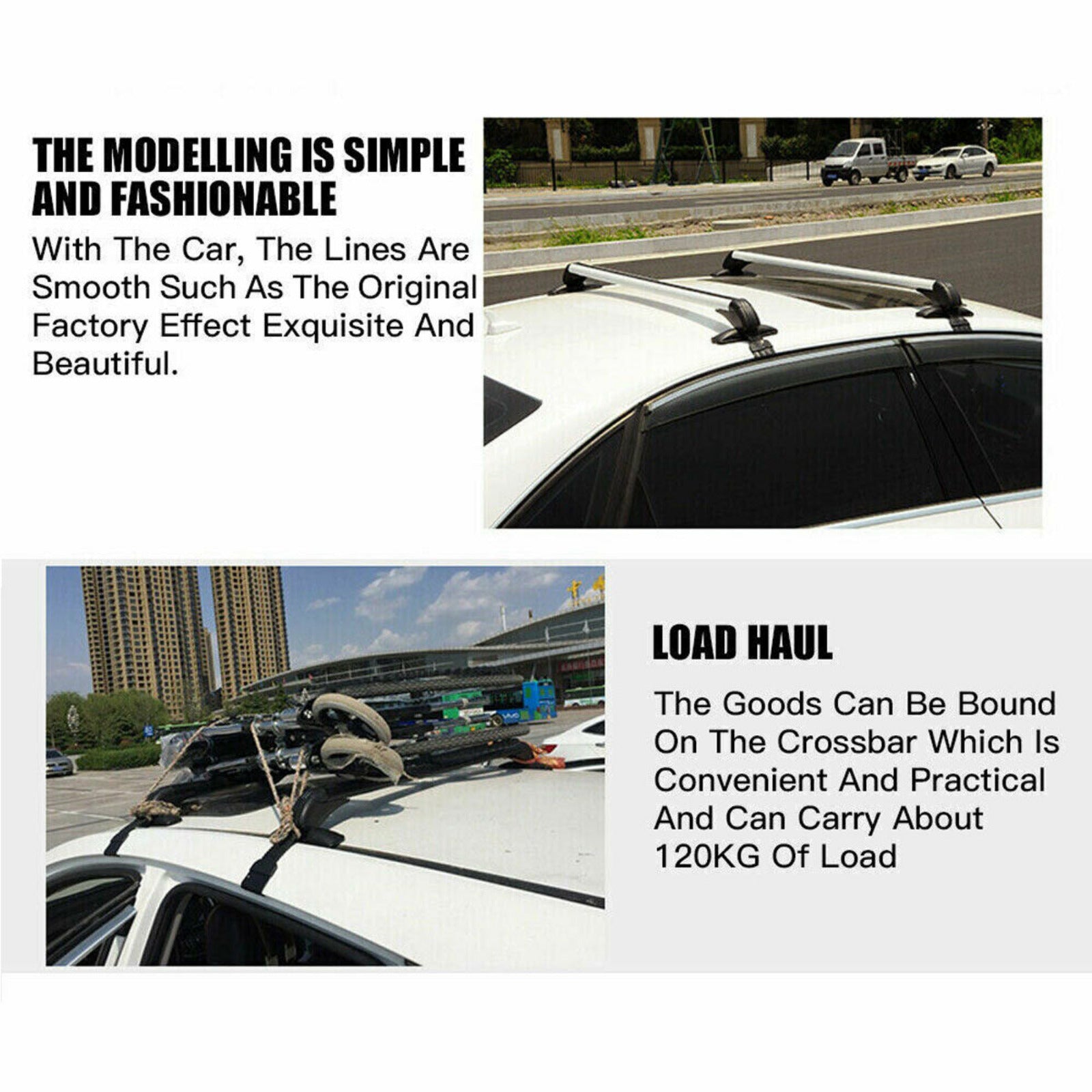 Car with roof rack system on a road with text describing its features.