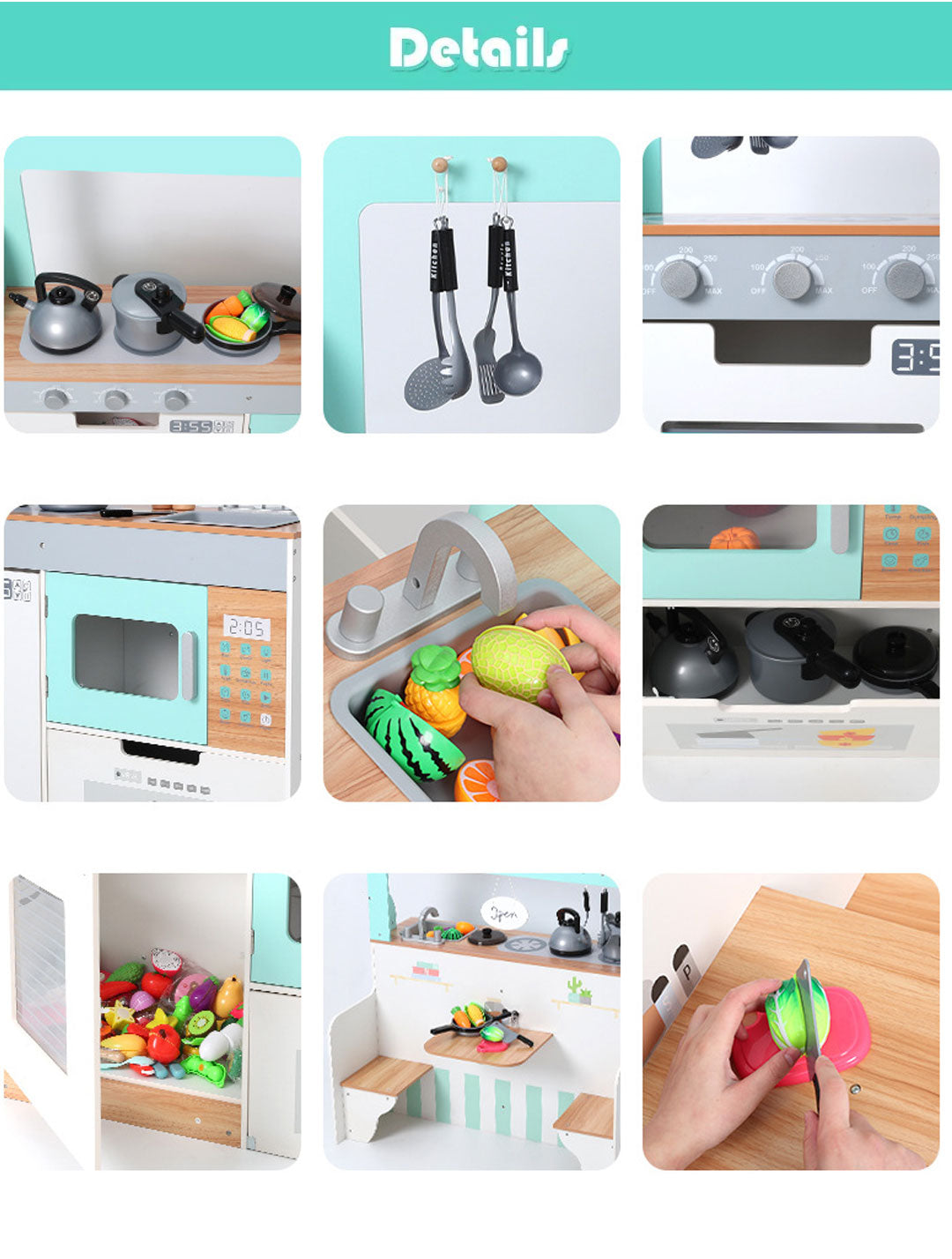 2-in-1 Kids Kitchen Double Sided Cooking Toys Wooden Pretend Play Set ...