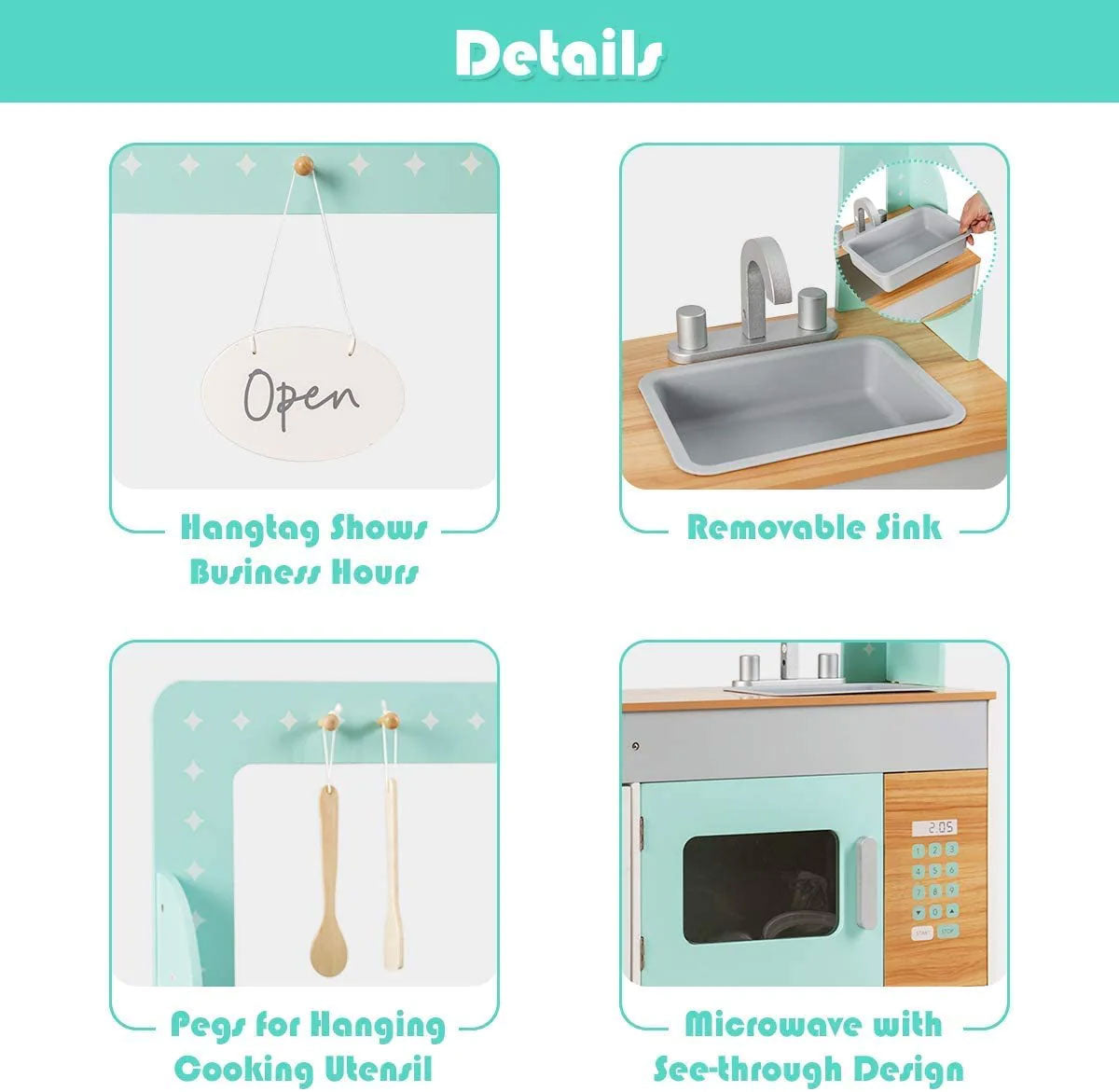 2-in-1 Kids Kitchen Double Sided Cooking Toys Wooden Pretend Play Set Restaurant Playset Gift