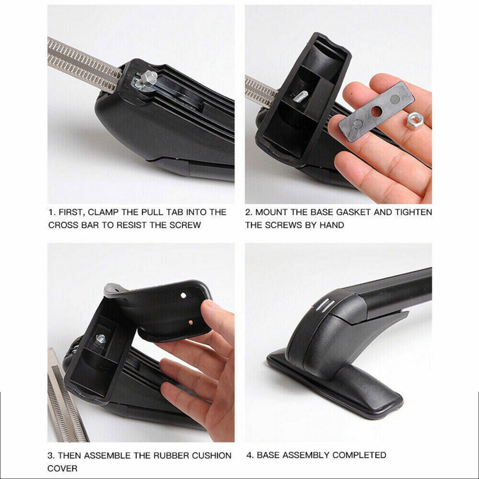 Step-by-step assembly instructions for a roof rack system.