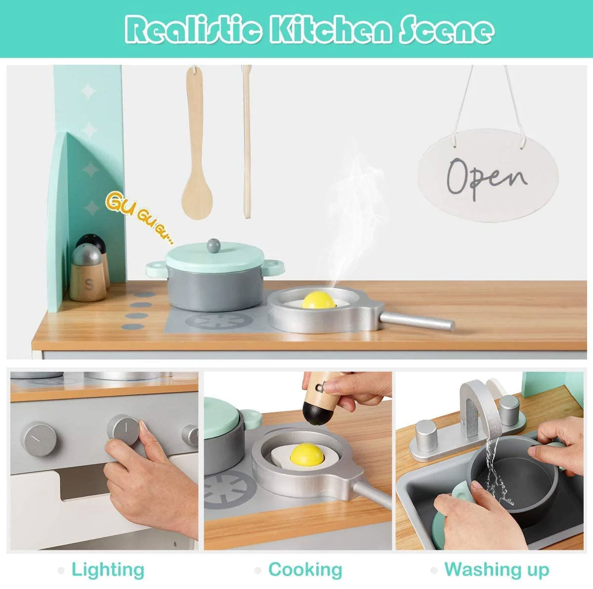 2-in-1 Kids Kitchen Double Sided Cooking Toys Wooden Pretend Play Set Restaurant Playset Gift