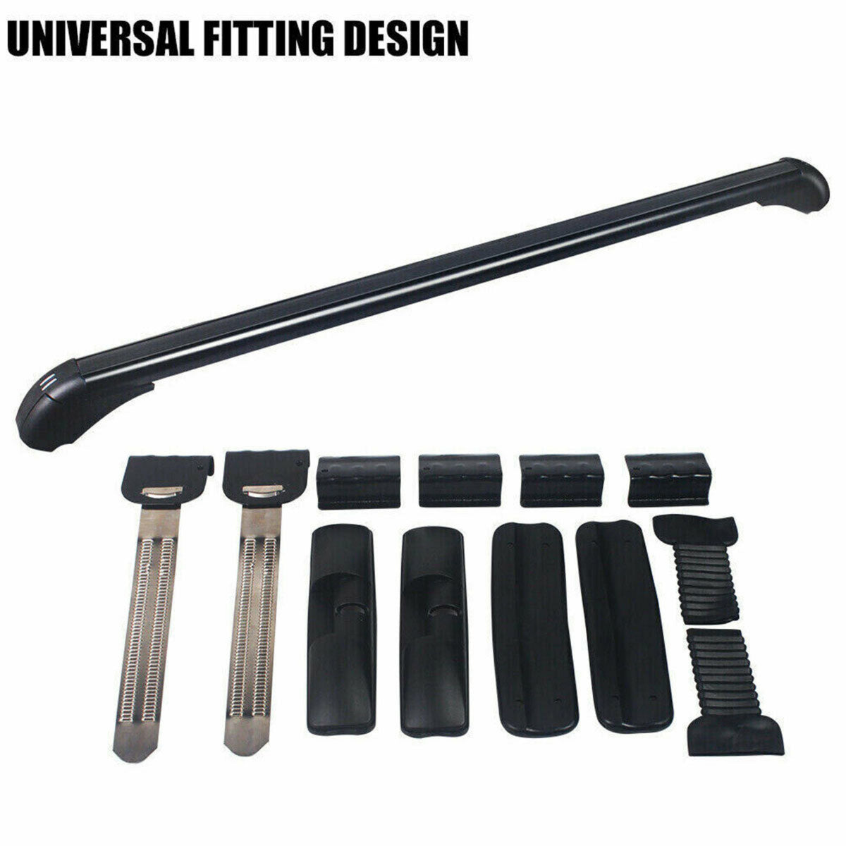 Set of black car roof rack components on a white background with 'Universal Fitting Design' text.