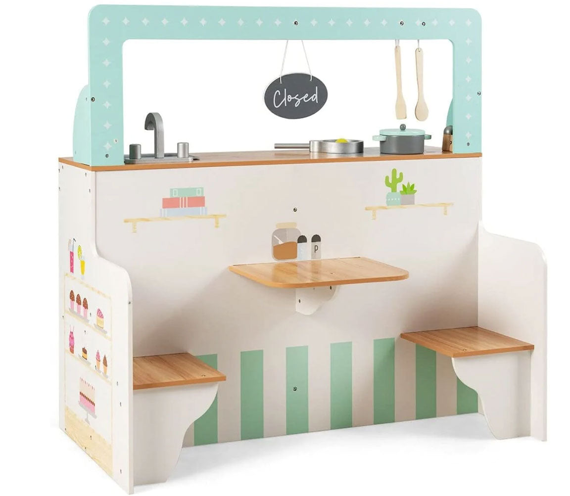 2-in-1 Kids Kitchen Double Sided Cooking Toys Wooden Pretend Play Set Restaurant Playset Gift