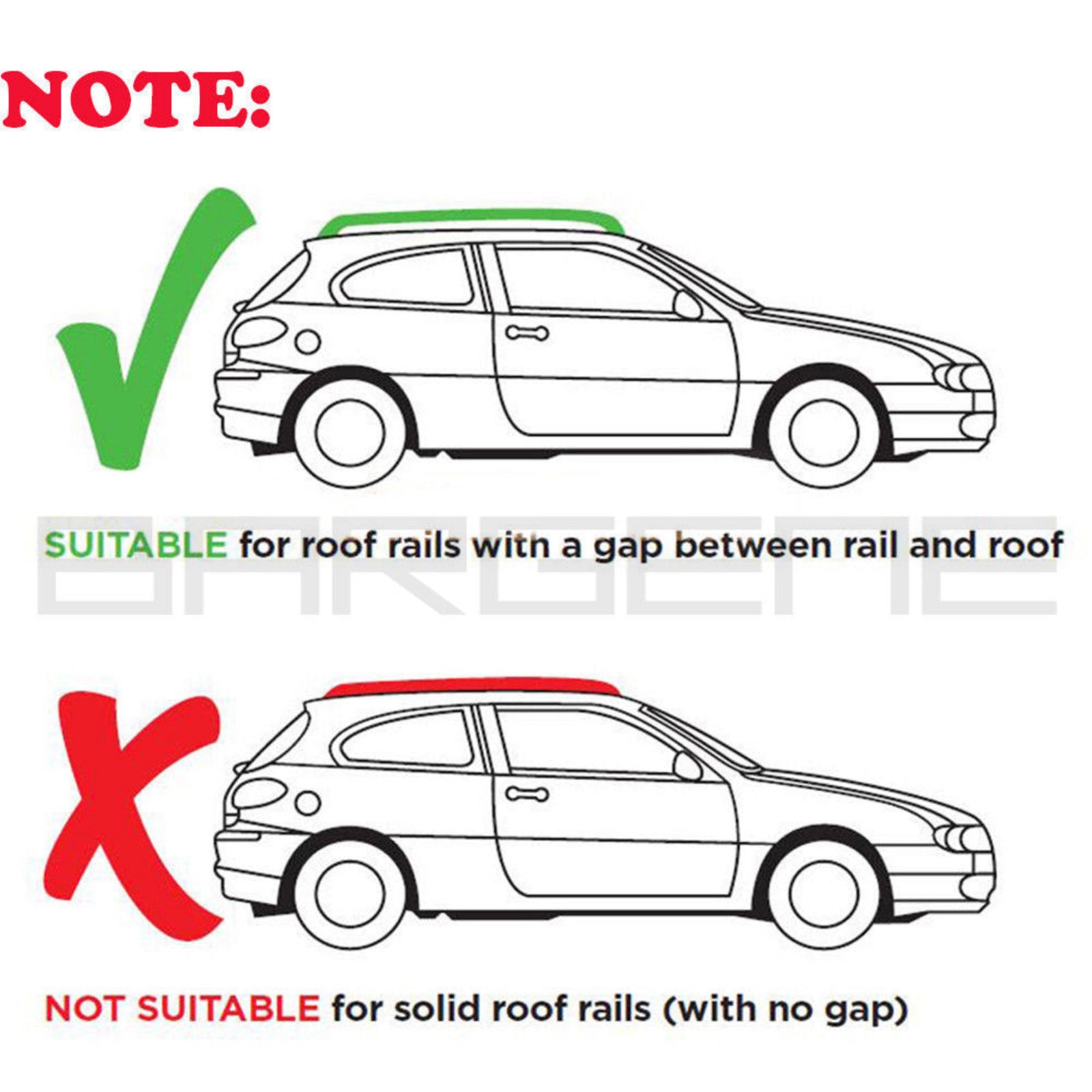 Diagram showing two cars with roof rails, one suitable and one not suitable for a product, on a white background.