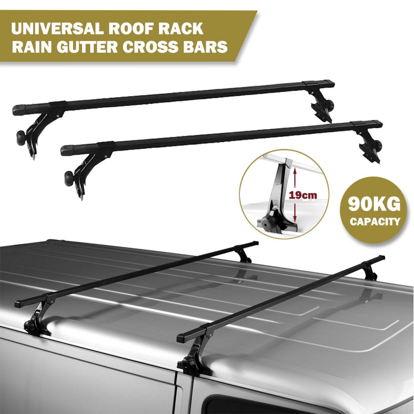 Universal roof rack rain gutter cross bars with capacity and size details on a white background