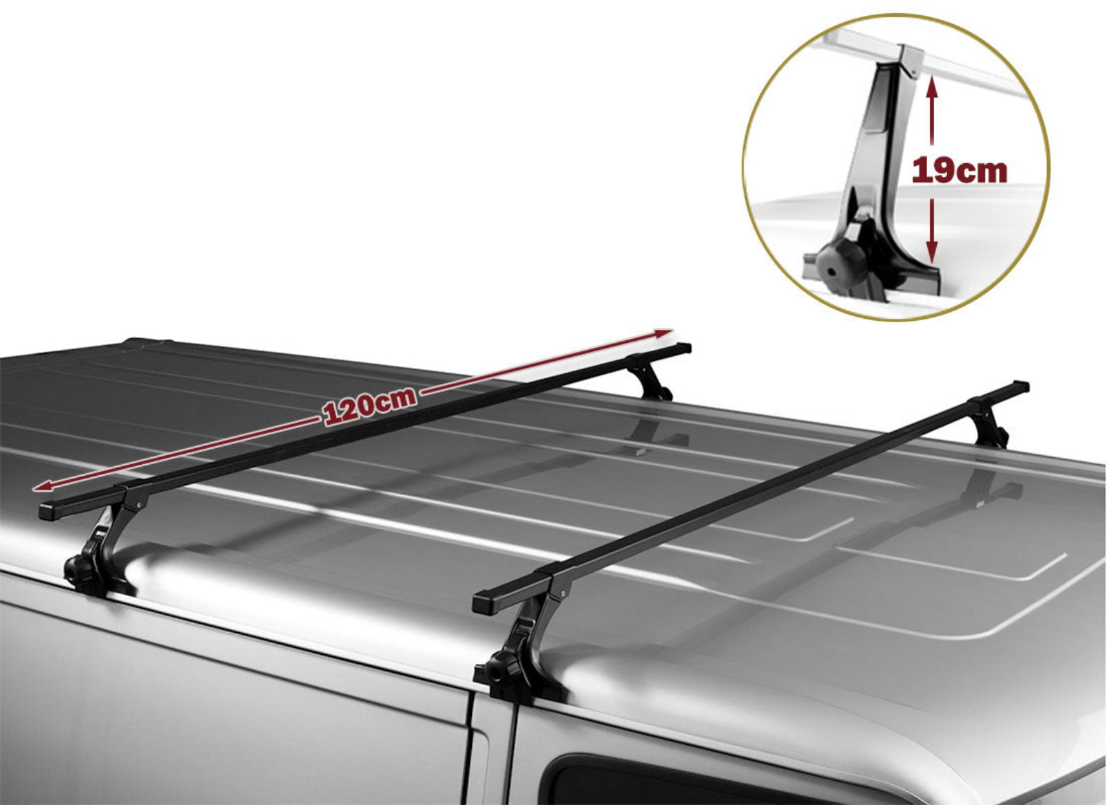 Car roof rack system with measurement details on a white background