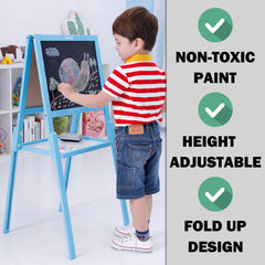 Kids Children Wooden Easel Art Whiteboard Blackboard Magnetic Drawing Board Stand - blue