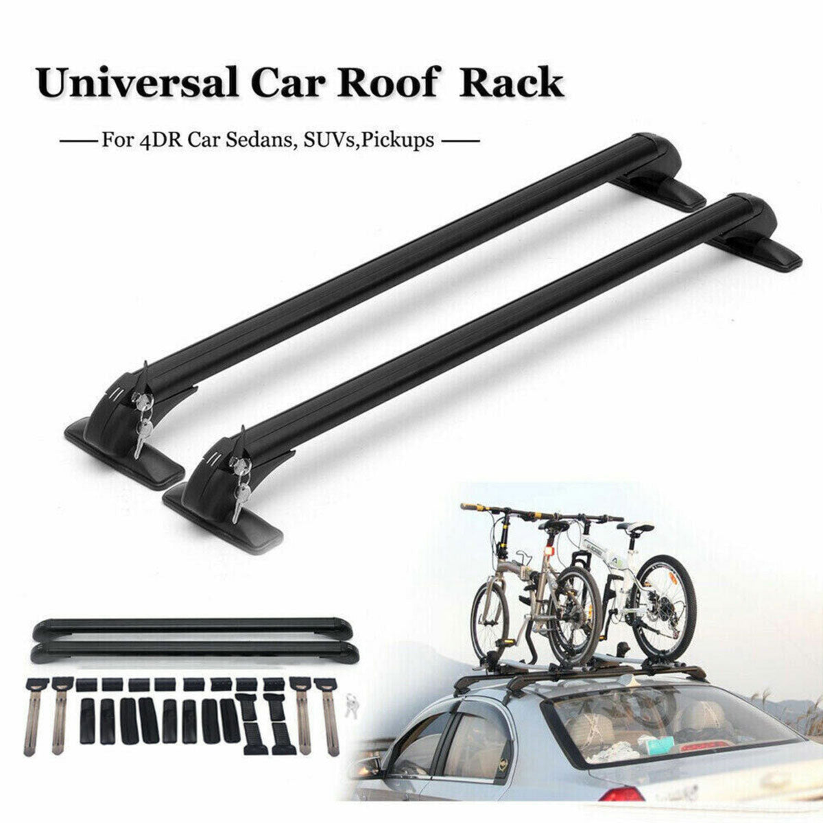 Black universal car roof rack with installation hardware on a white background