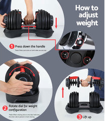 24kg Adjustable Dumbbell Dumbbells Set Weight Plates Home Gym Fitness Exercise Equipment OP