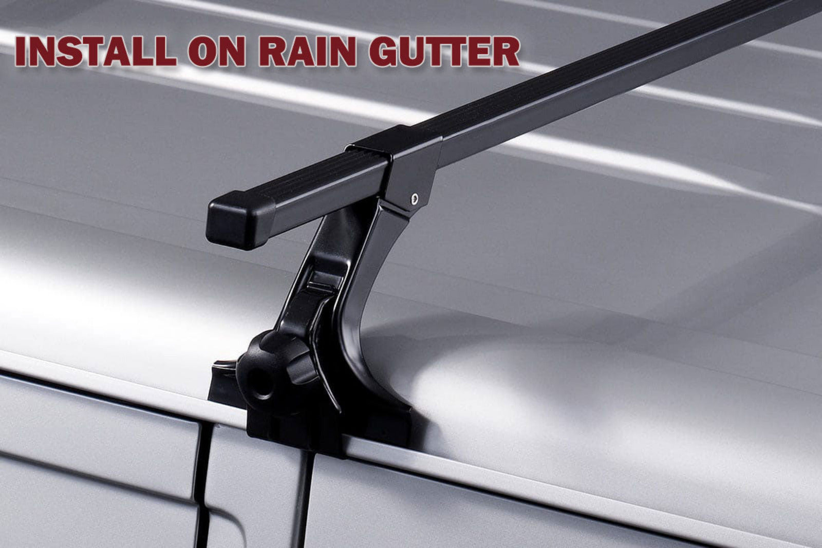 Roof rack installation on a vehicle with text 'Install on Rain Gutter'.