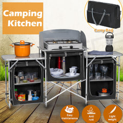 Deluxe Aluminium Foldable Camping Kitchen Picnic Cupboard Bench Table Windshield