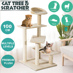 100cm Cat Tree Scratching Post Scratcher Pole Toy House Furniture Tower Condo - Beige