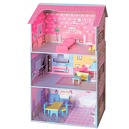 Large Wooden Dolls Doll House 3 Level Kids Pretend Play Toys Full Furniture