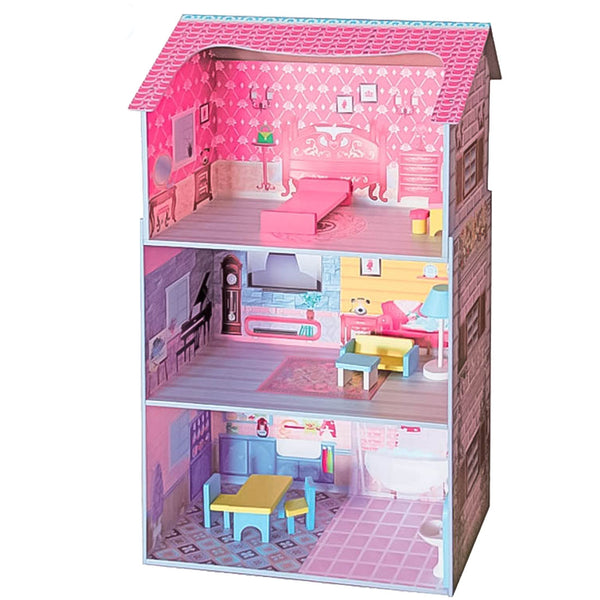 Large Wooden Dolls Doll House 3 Level Kids Pretend Play Toys Full Furniture