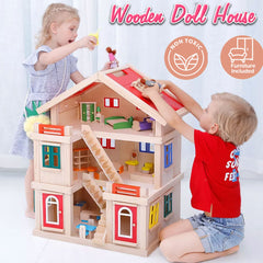 Wooden 3 Level DIY Dolls Doll House Girls Kids Pretend Play Toys Furniture Set Kit