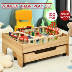 Wooden Railway Train Table Children Pretend Play Set Toy Kids Toddlers Thomas Drawer