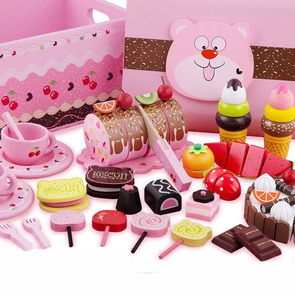 Kid Gift Wooden Pretend Play Toy Cherry Bear Chocolate Dessert Party Set Tea Cup