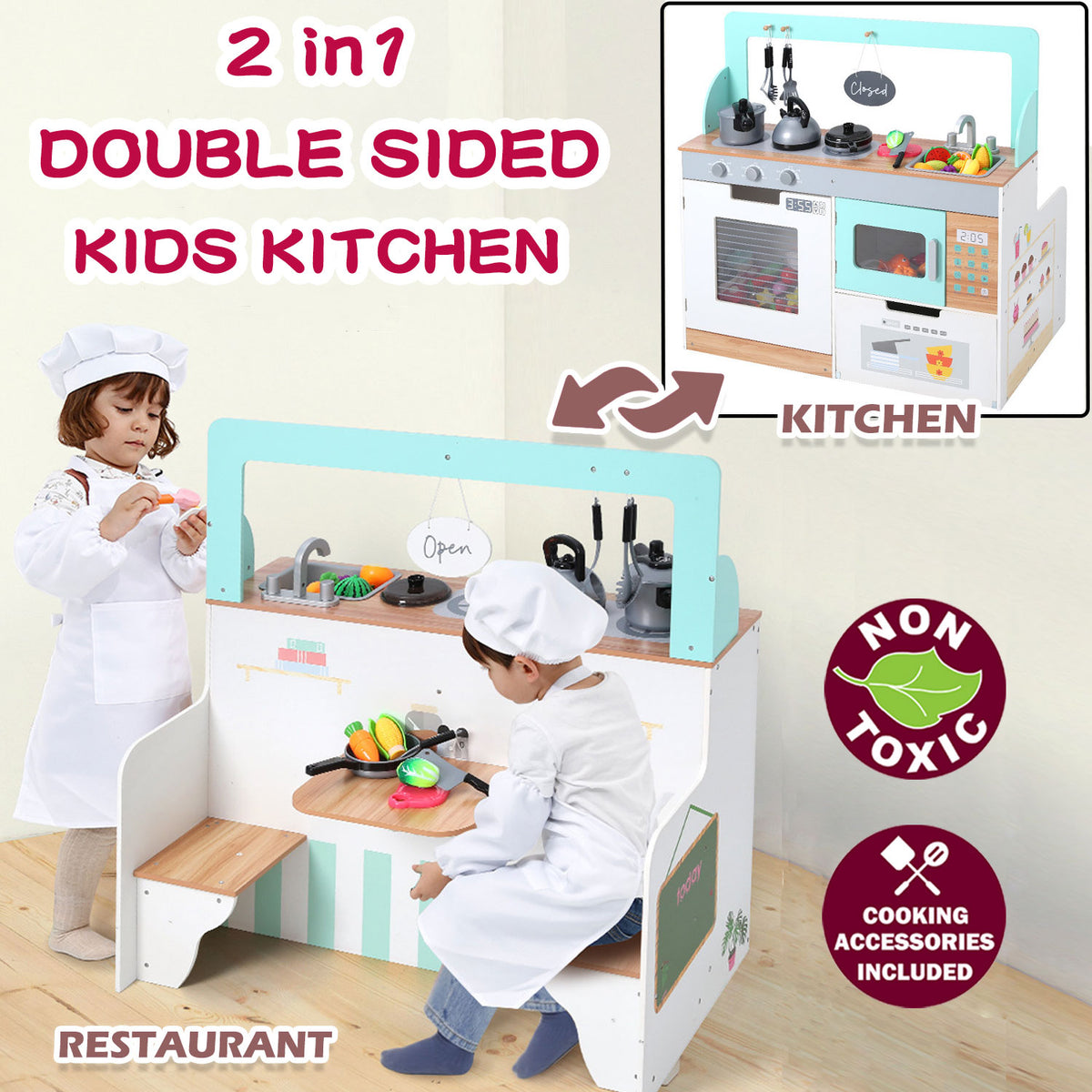 2-in-1 Kids Kitchen Double Sided Cooking Toys Wooden Pretend Play Set Restaurant Playset Gift