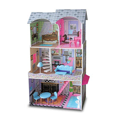Large Wooden Girls Doll House 3 Level Kids Pretend Play Toys Furniture Set Dollhouse