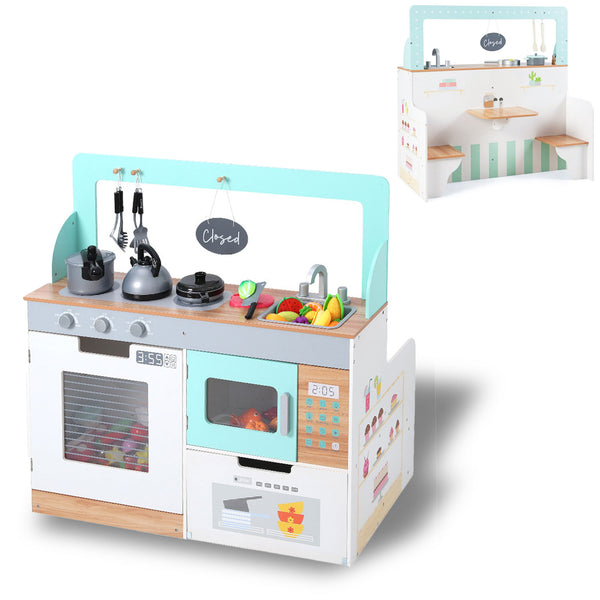 2-in-1 Kids Kitchen Double Sided Cooking Toys Wooden Pretend Play Set Restaurant Playset Gift