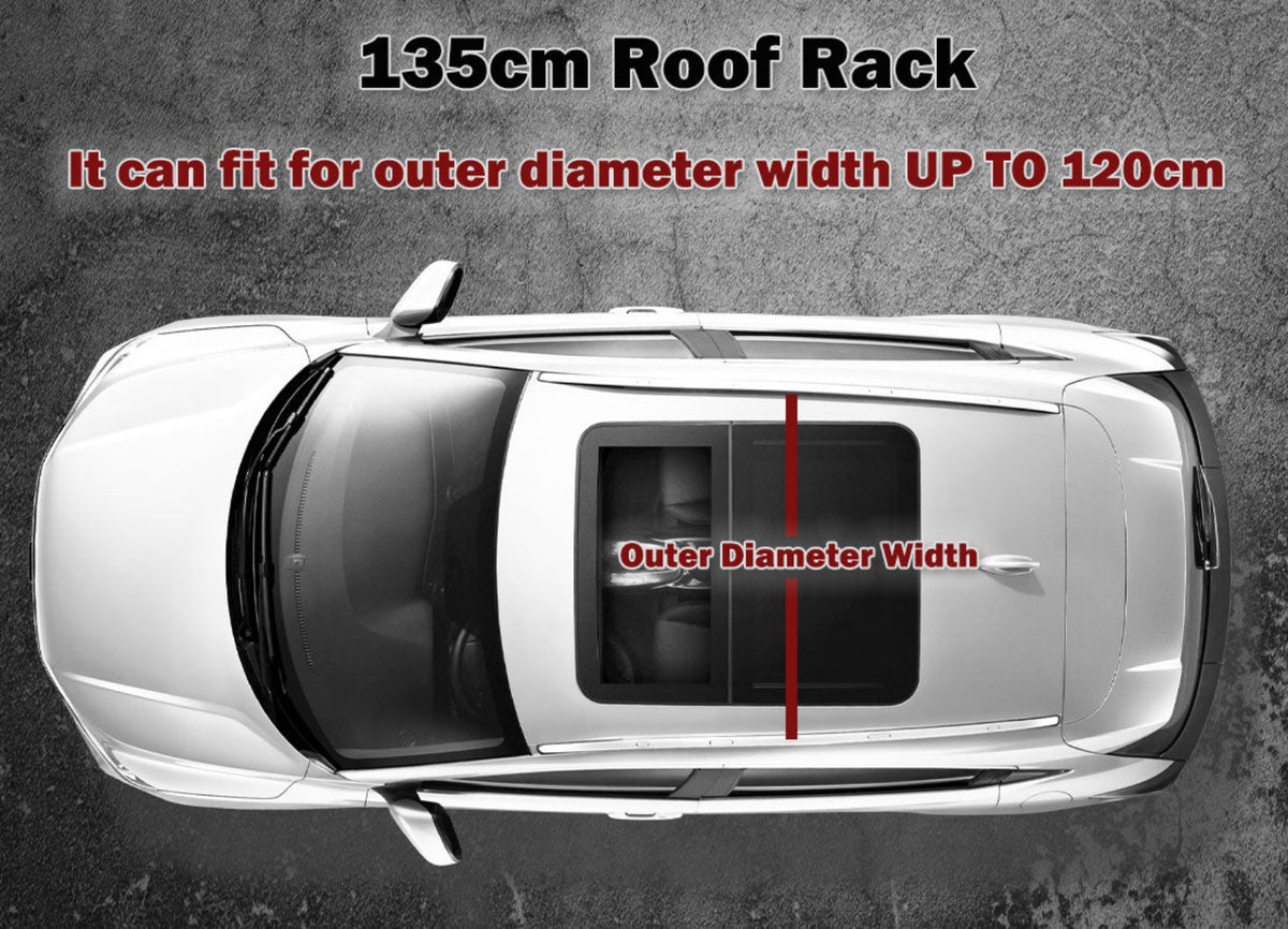 Car roof rack with measurement details on a gray background