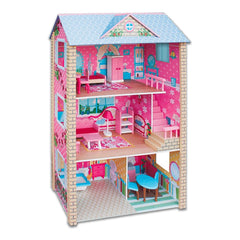 Large Wooden Dolls Doll House 3 Level Kids Pretend Play Toys Full Furniture Pink