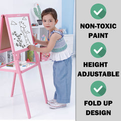 Kids Children Wooden Easel Art Whiteboard Blackboard Magnetic Drawing Board Stand - pink
