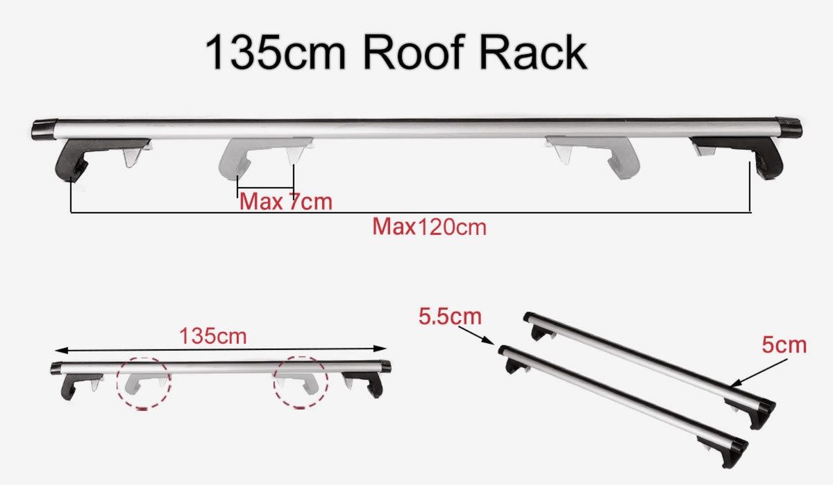 Measurement chart of a 135cm roof rack with dimensions on a white background