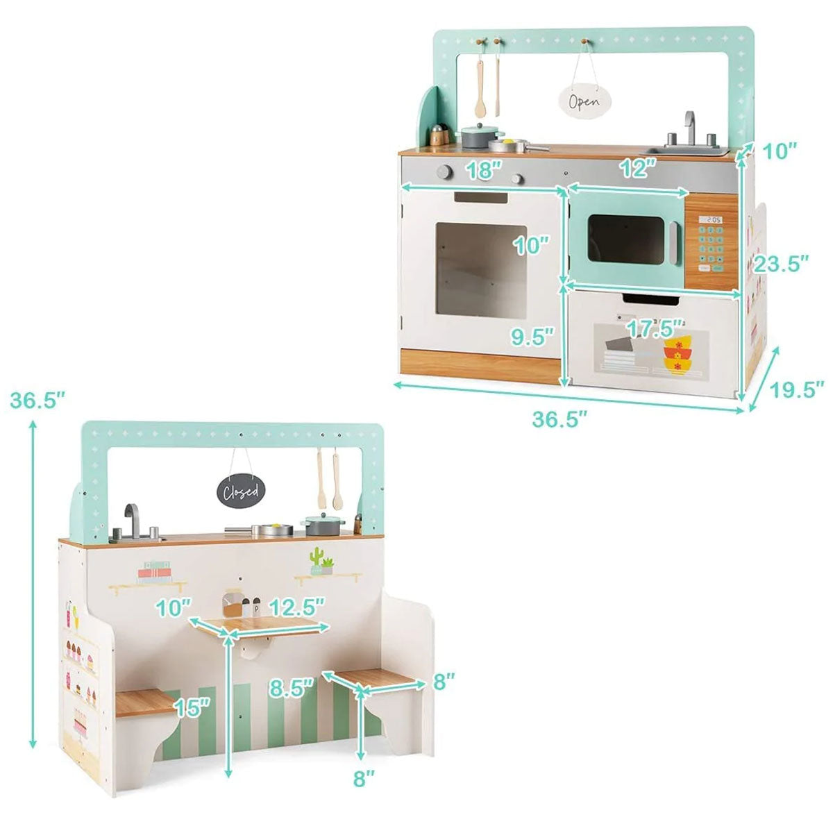 2-in-1 Kids Kitchen Double Sided Cooking Toys Wooden Pretend Play Set Restaurant Playset Gift