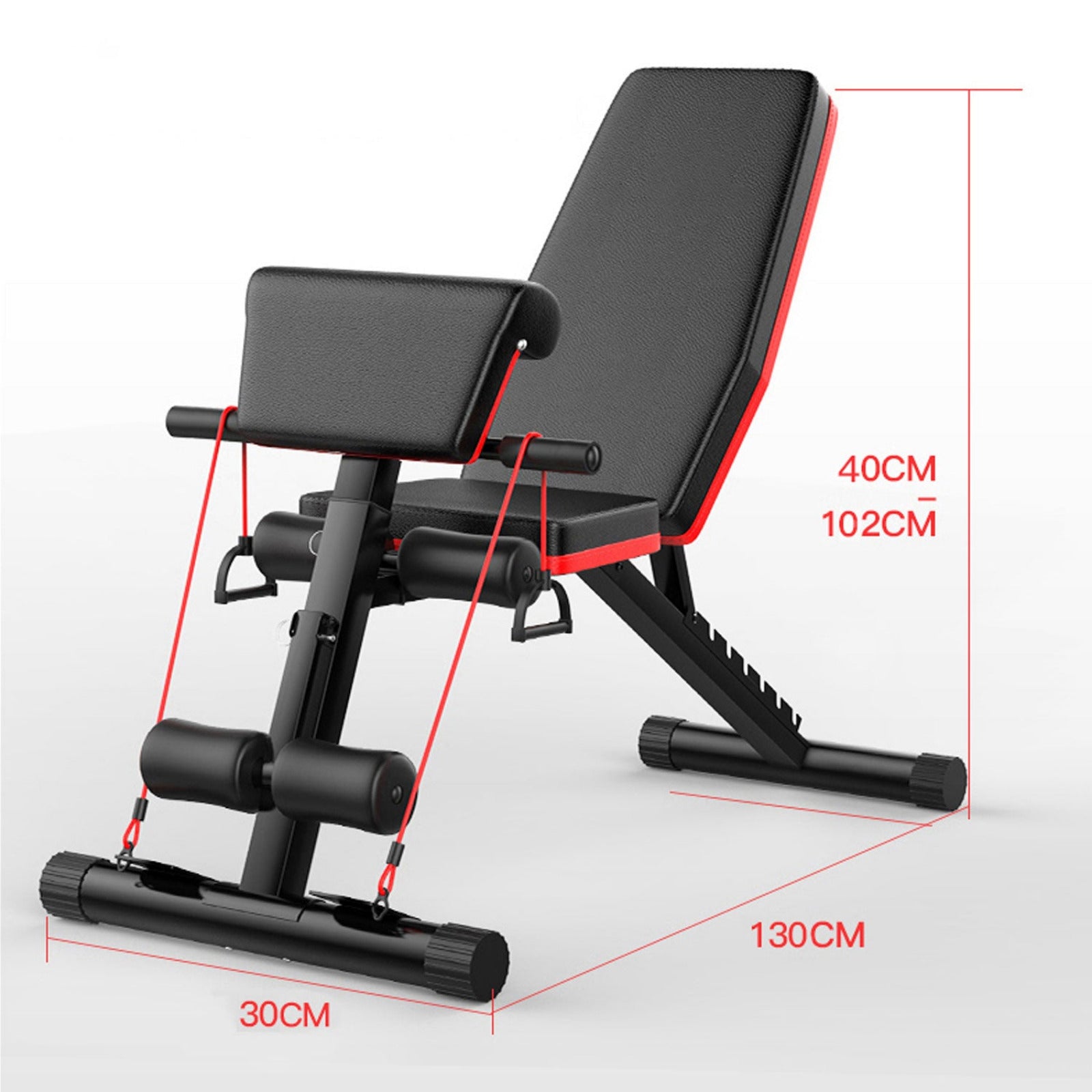 Black adjustable weight bench with dimensions on a white background
