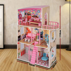 Large Wooden Girls Doll House 3 Level Kids Pretend Play Toys Furniture Dollhouse