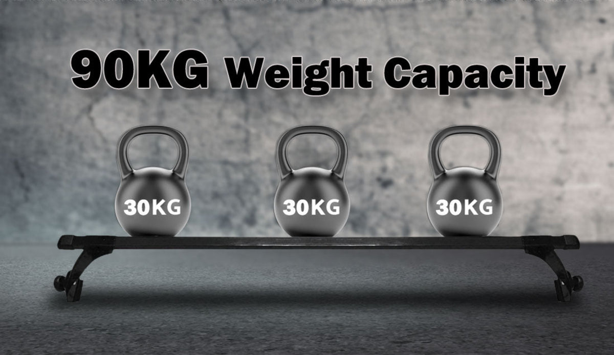 Three 30KG kettlebells on a weight capacity display with '90KG Weight Capacity' text.