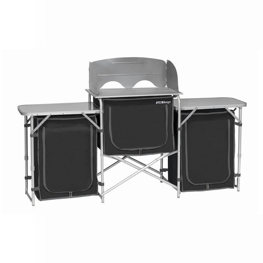Deluxe Foldable Camping Kitchen Picnic Cupboard Bench Table Steel Windshield